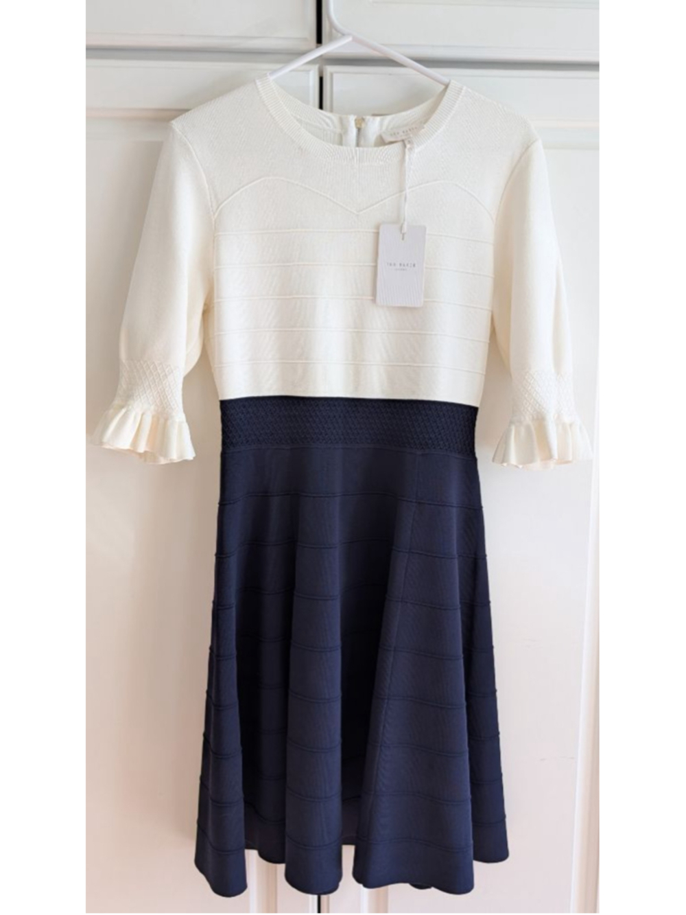 Women's Ted Baker Long Sleeve Dress, Size 8, White and Navy